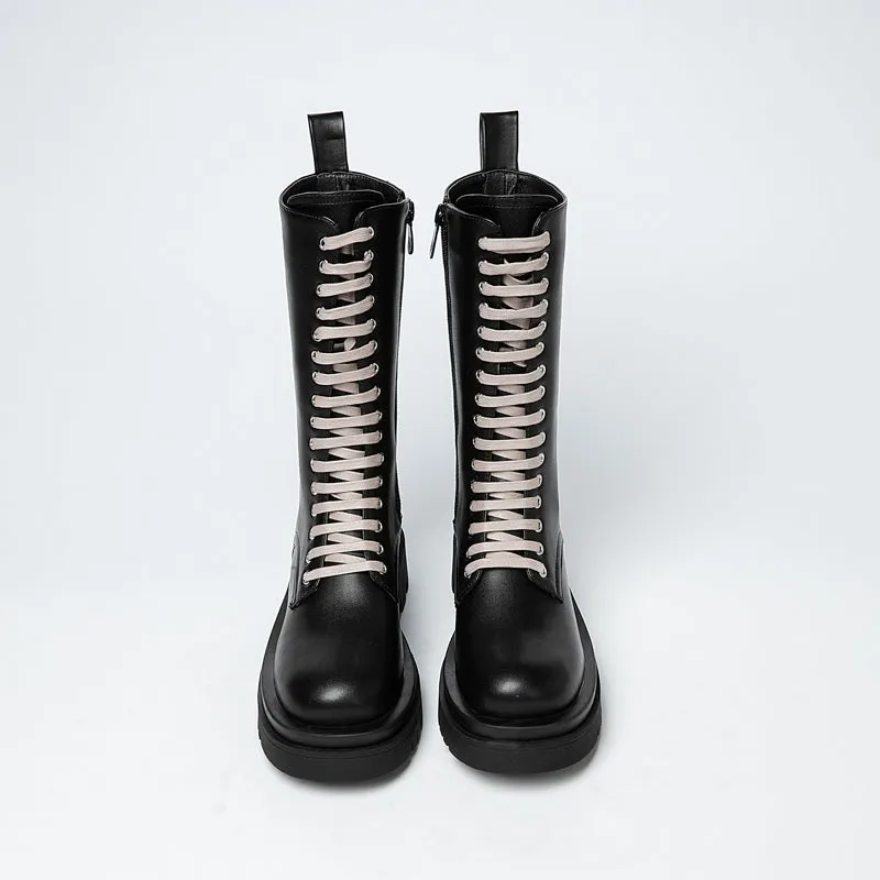 Bigsizeheels Simple solid color tethered Martin boots - Black