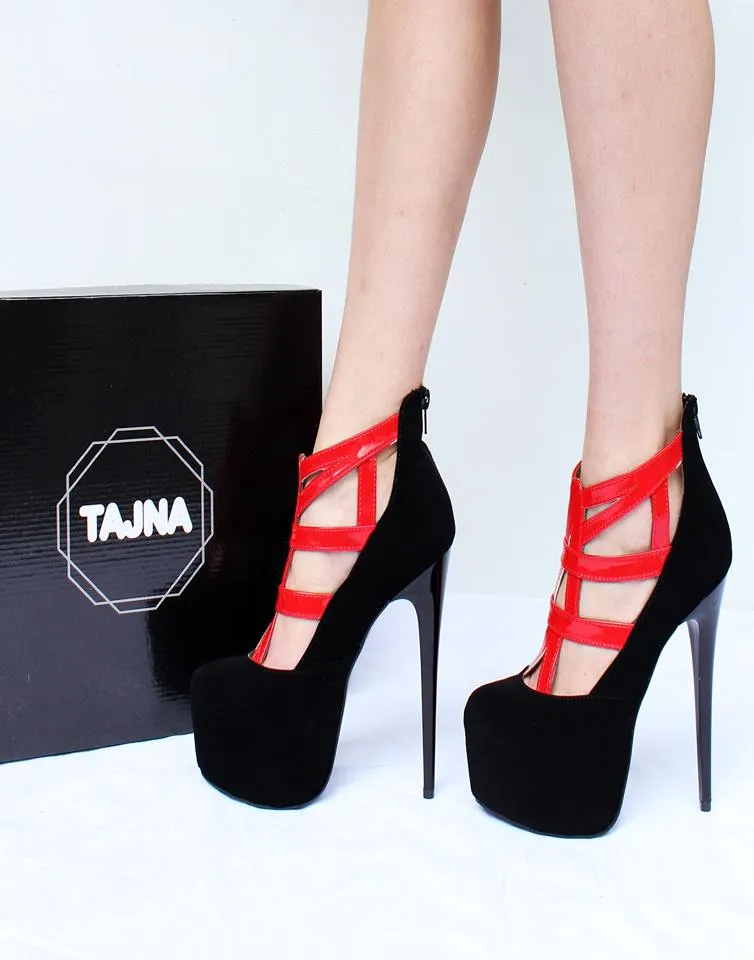 Black Red Cage High Heel Platform Shoes