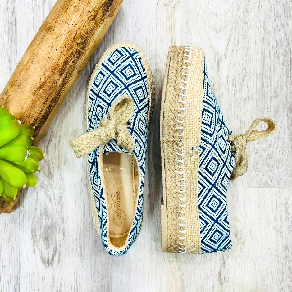 Blue Rhombus Burlap Artisan Platform Sneakers - Women Shoes