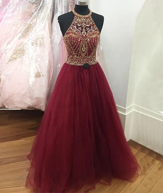 Burgundy o neck sequin beads tulle prom dress, burgundy evening dress