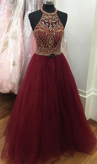 Burgundy o neck sequin beads tulle prom dress, burgundy evening dress