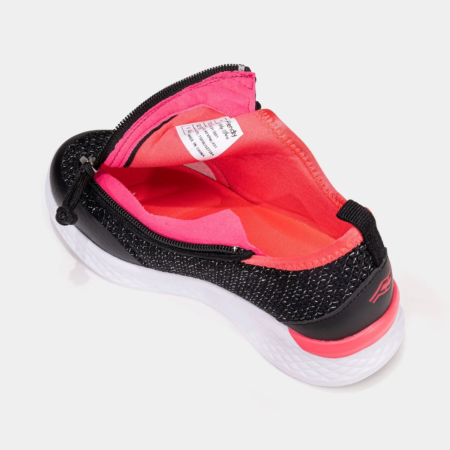 Girls Black Lightweight Shoes with Front Zipper Access