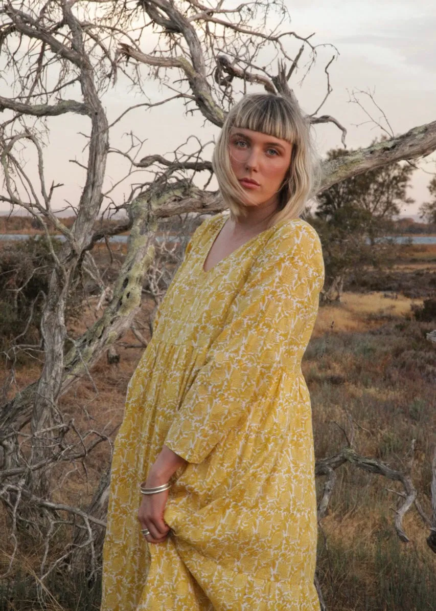 Margy Dress in Mustard Native Blossom