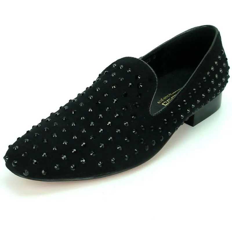 Men's Fiesso Black Suede with Black Crystals Rhinestones Slip On Shoes FI 6853