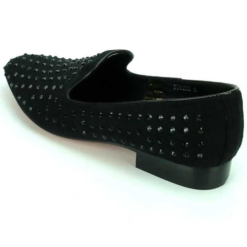 Men's Fiesso Black Suede with Black Crystals Rhinestones Slip On Shoes FI 6853