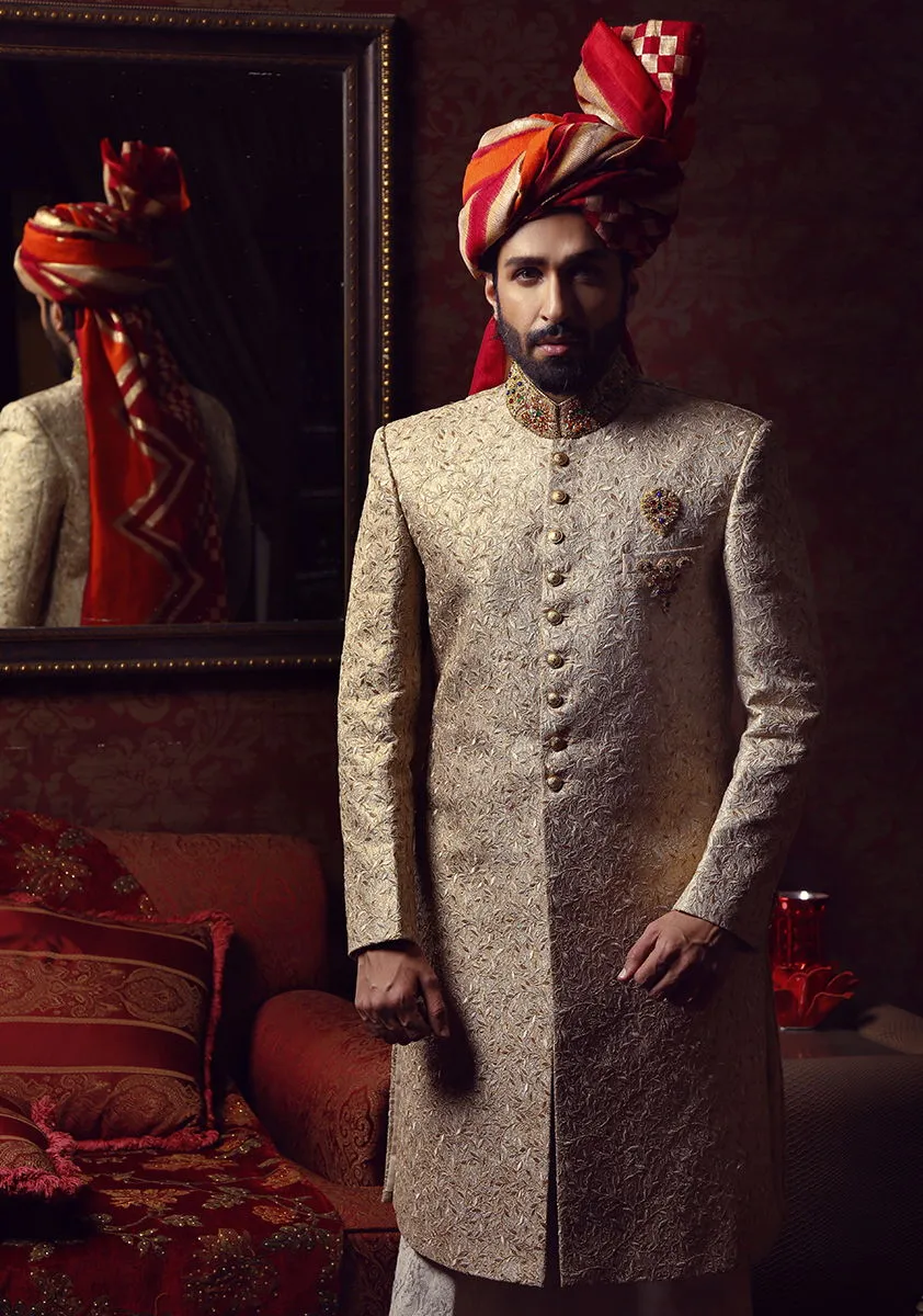 Premium Textured Beige Sherwani