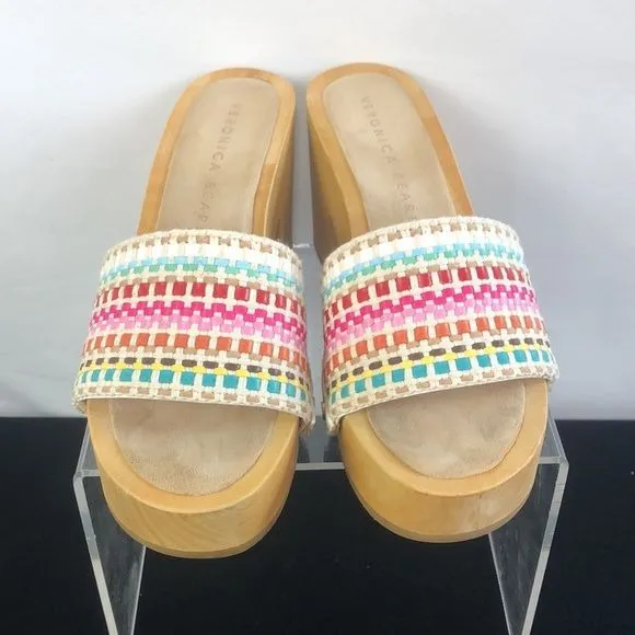 Veronica Beard White Multi Color Wood Bottom Clogs