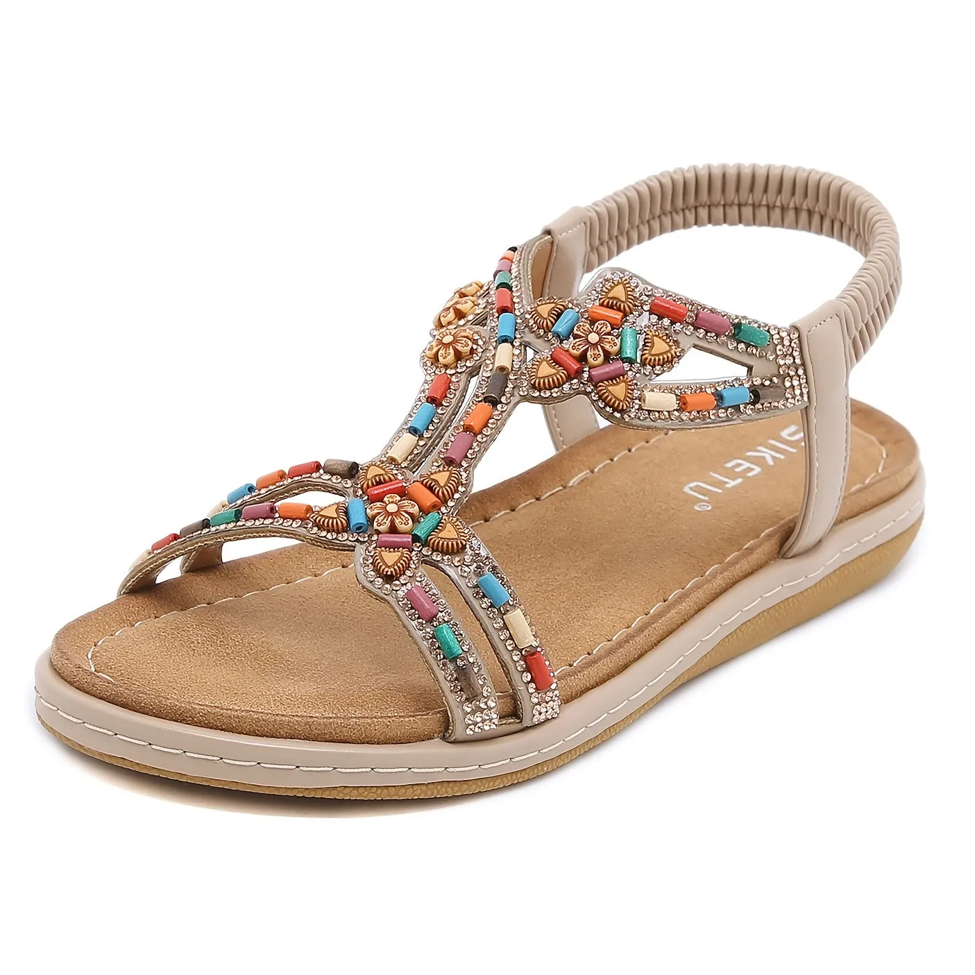 Women's Boho Style Faux Rhinestone Decor Elastic Straps Slingback Ankle-strap Sandals