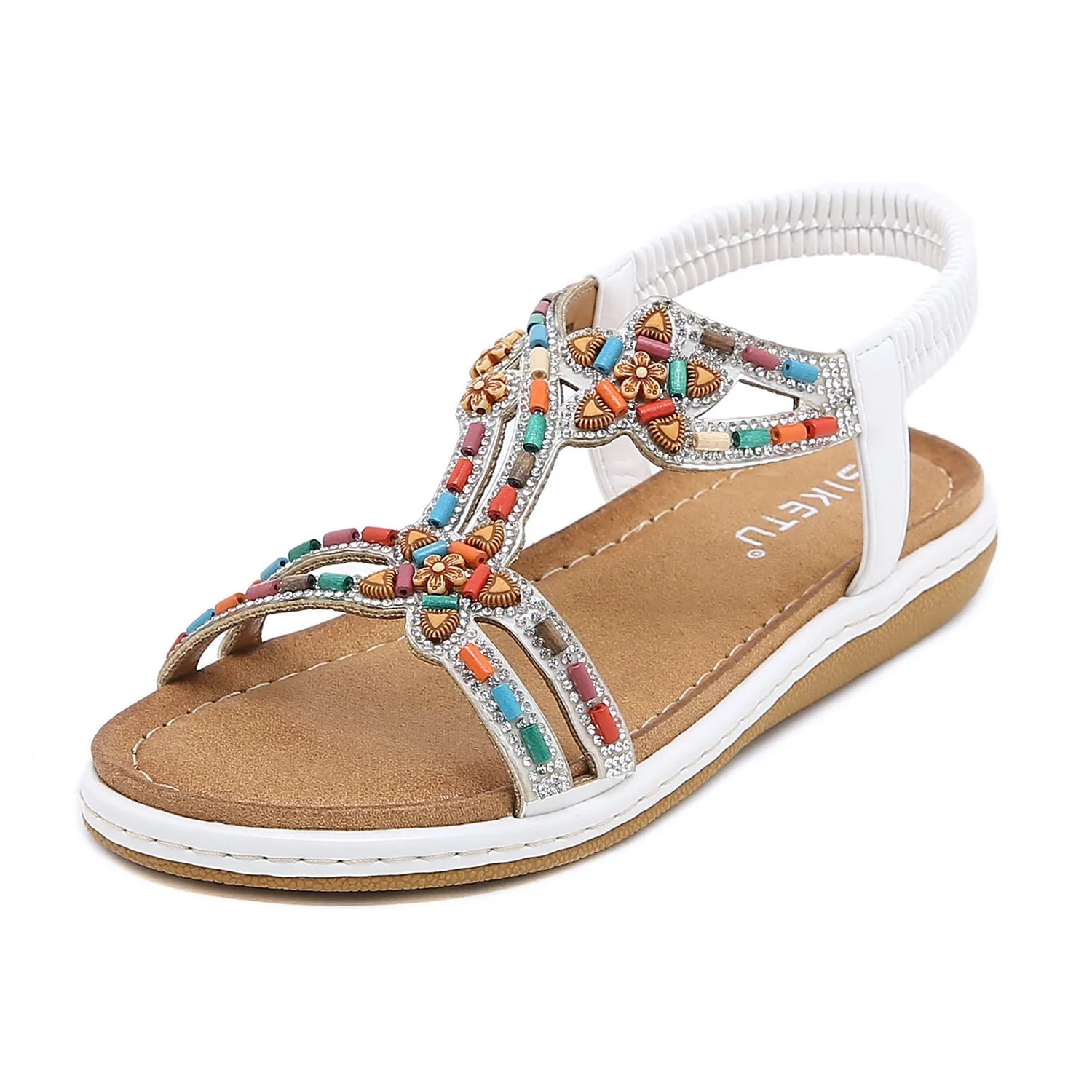 Women's Boho Style Faux Rhinestone Decor Elastic Straps Slingback Ankle-strap Sandals