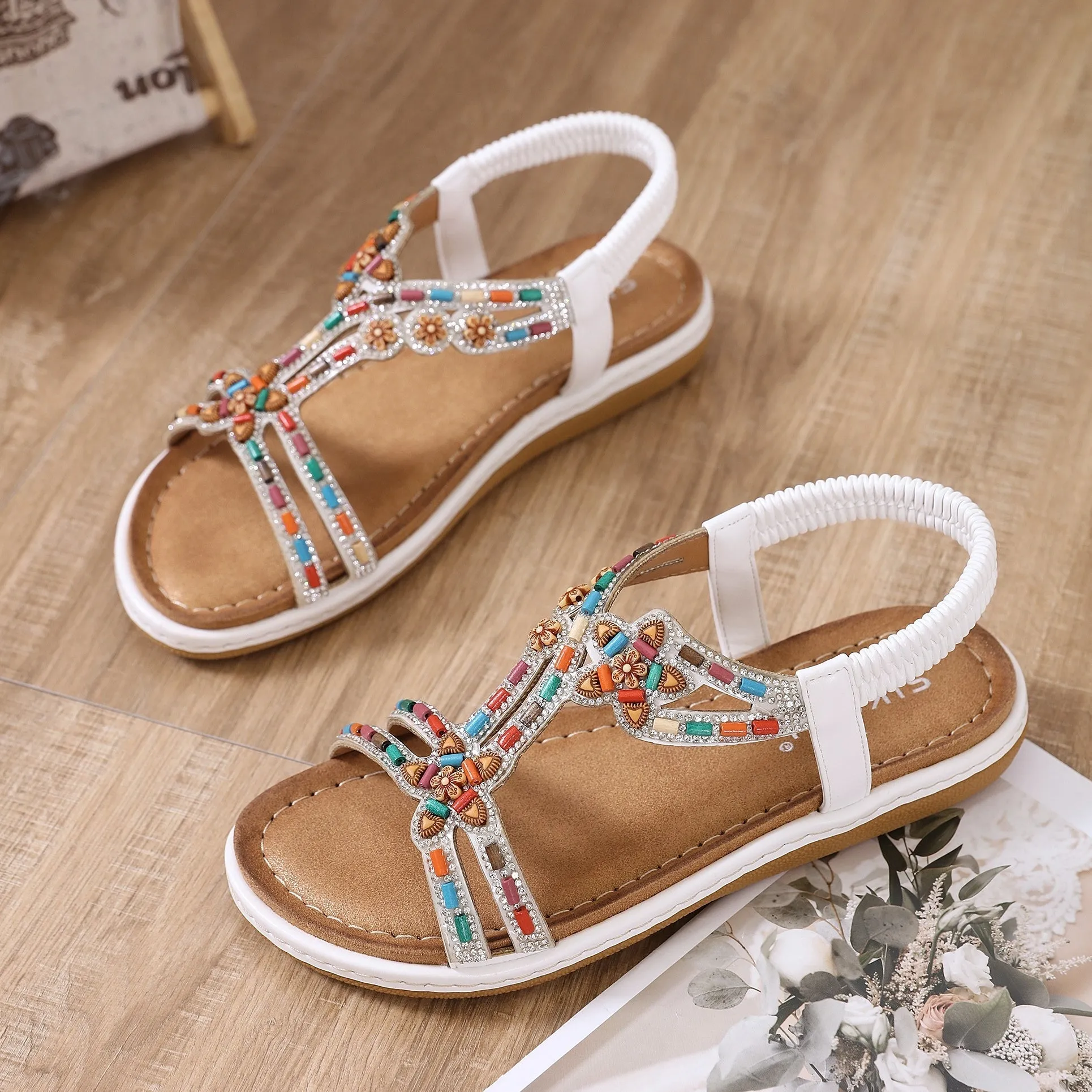 Women's Boho Style Faux Rhinestone Decor Elastic Straps Slingback Ankle-strap Sandals